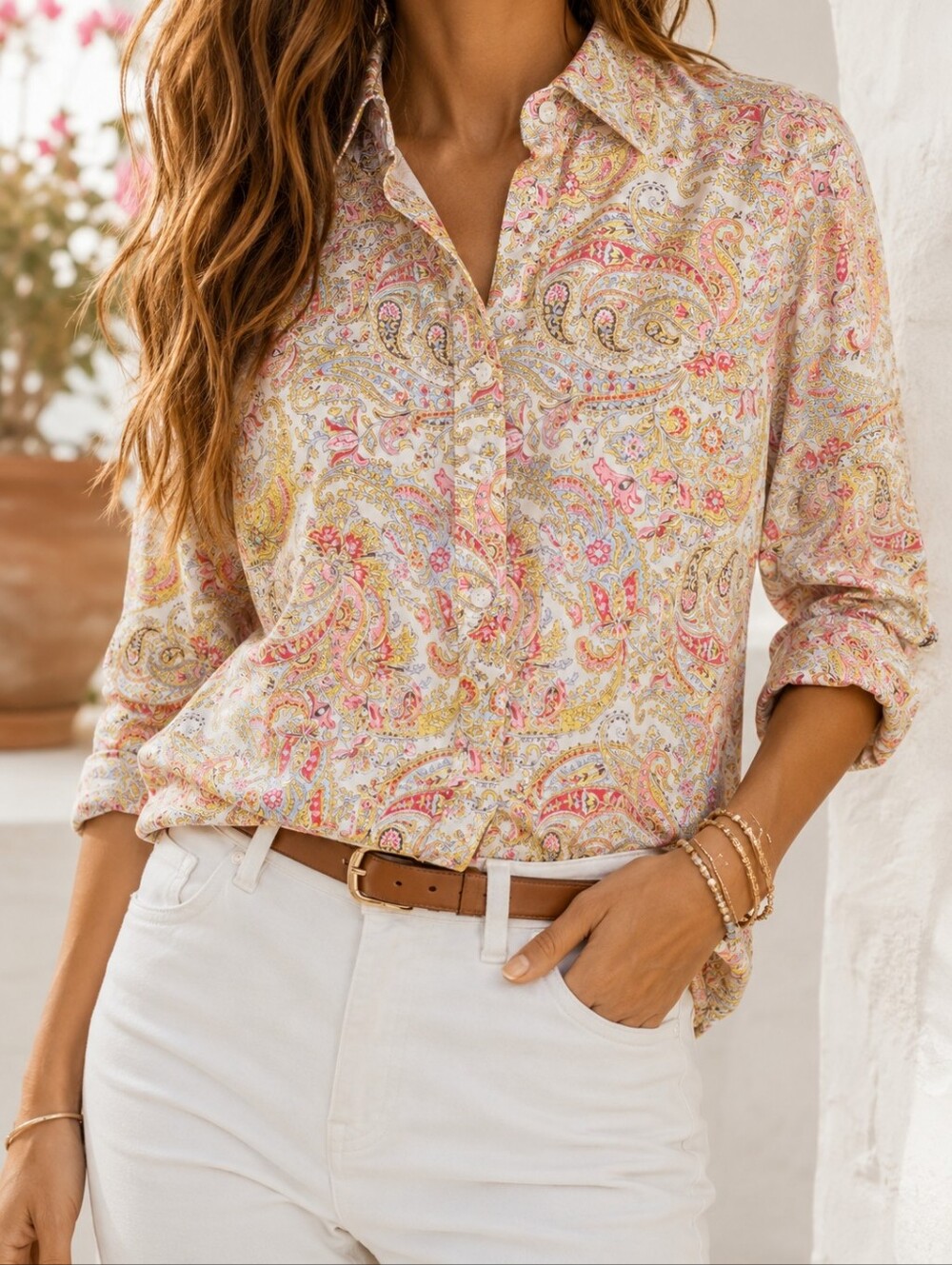 Chaps No Iron Paisley Button Down Shirt Medium Classic Preppy Top
